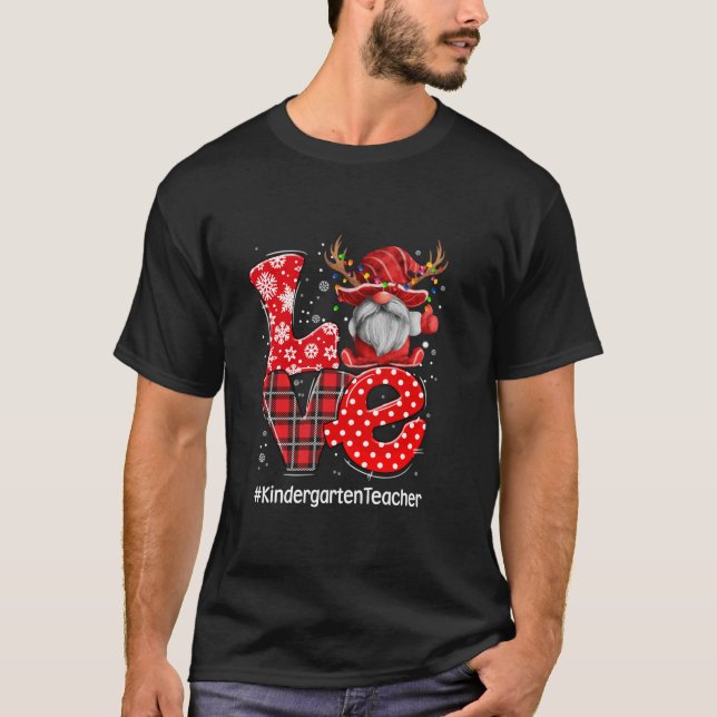 Red Plaid Gnome Love Kindergarten Teacher Christma T-Shirt (Front)