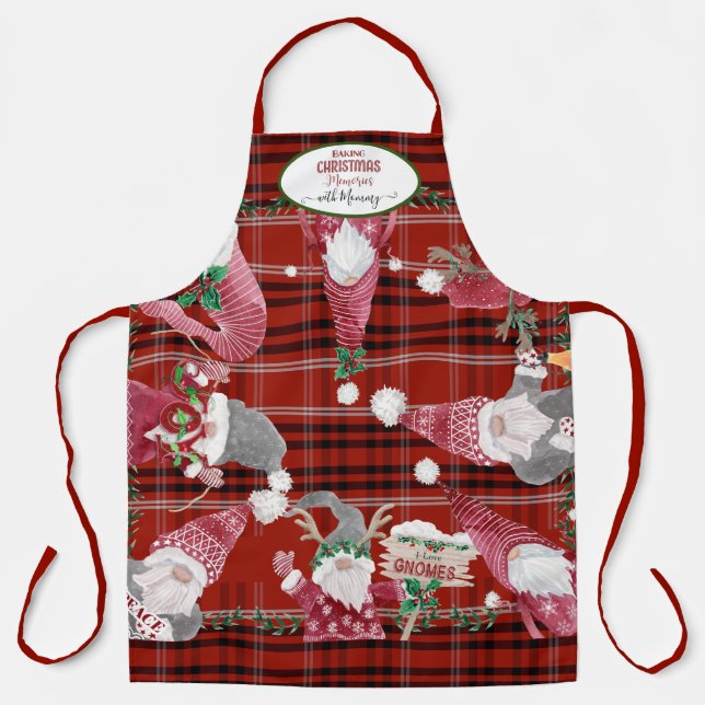 Red Plaid Gnomes Baking Christmas Memories Mummy Apron (Front)