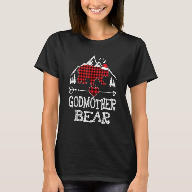 Red Plaid Godmother Bear Matching Pajama Family T-Shirt (Front)