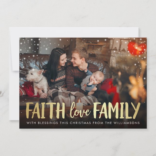 Red Plaid & Gold Faith Love Family Christmas Photo Holiday Card (Front)