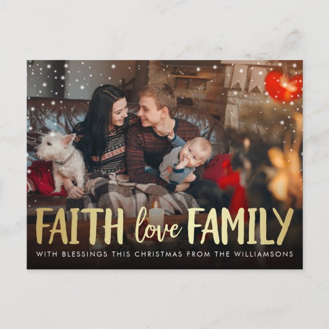 Red Plaid & Gold Faith Love Family Christmas Photo Holiday Postcard (Front)