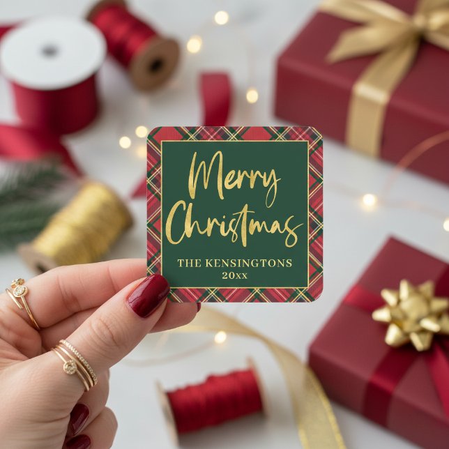 Red Plaid Gold Foil Script Merry Christmas Square Sticker (Creator Uploaded)