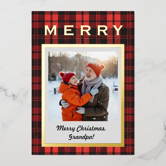 Red Plaid Gold Grandpa Photo Cozy But Elegant Foil Holiday Card (Front)