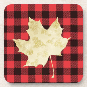 Red Plaid Gold Maple Leaf Coaster