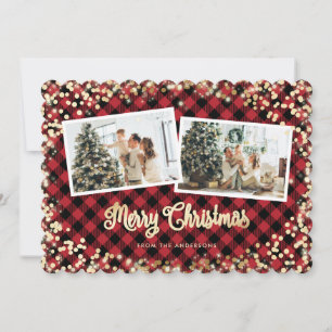 Red Plaid Gold Snow Merry Christmas Photo Holiday Card