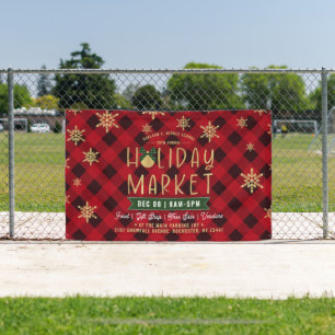 Red Plaid Gold Snowflake Holiday Market Banner