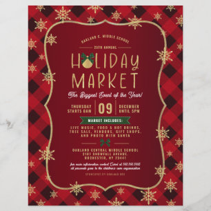 Red Plaid Gold Snowflake Holiday Market Flyer