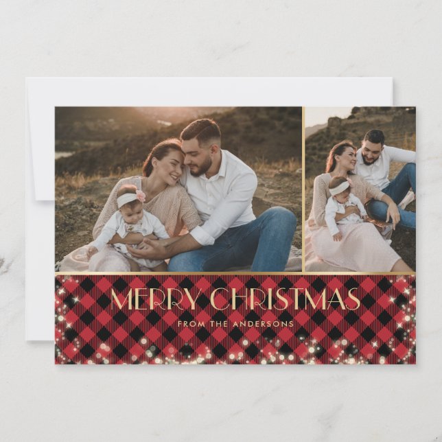 Red Plaid Gold Sparkly Photo Merry Christmas Holiday Card (Front)