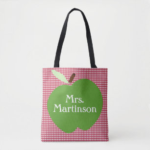 Red Plaid / Green Apple / Personalised Teacher Tote Bag