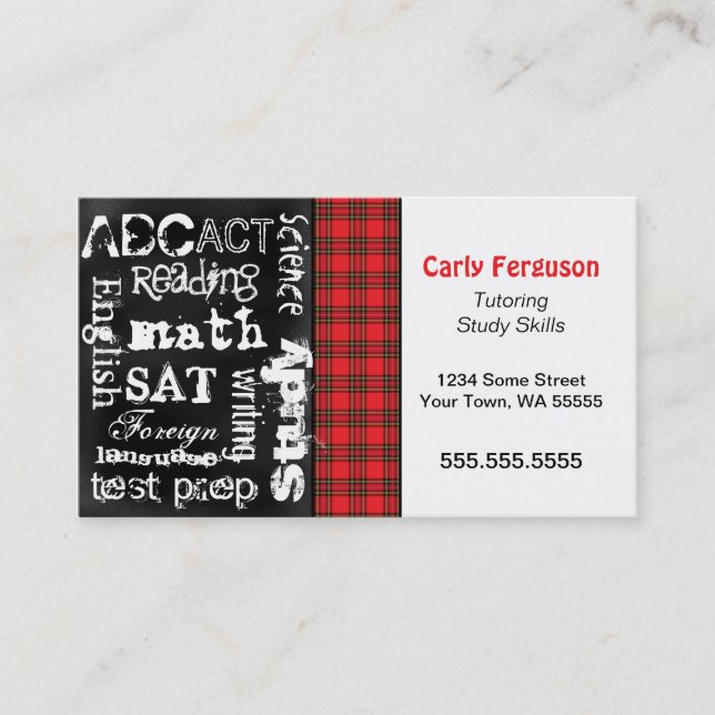 Red Plaid, Grunge Chalkboard Business Card (Front)