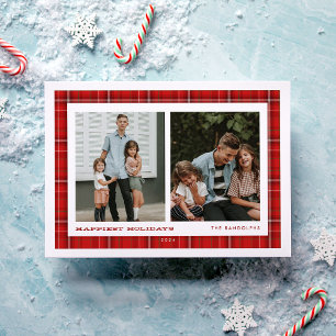 Red Plaid Happiest Holidays Double Photo Holiday Card