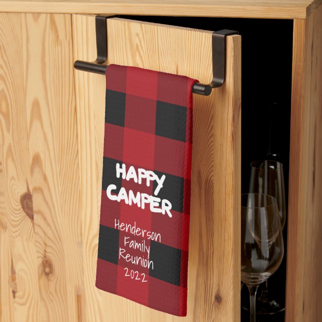 Red Plaid Happy Camper Family Reunion  Tea Towel (Thirds Fold)