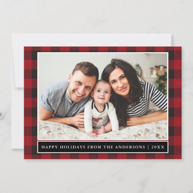 Red Plaid Happy Holidays Family Photo Holiday Card (Front)