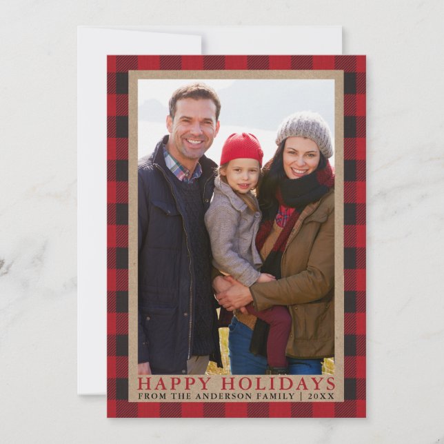Red Plaid Happy Holidays Family Photo Kraft Holiday Card (Front)