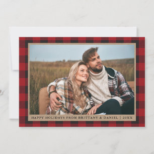 Red Plaid Happy Holidays Kraft Couple Photo Holiday Card