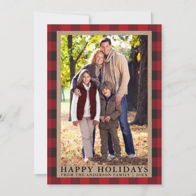 Red Plaid Happy Holidays Kraft Family Photo Holiday Card (Front)