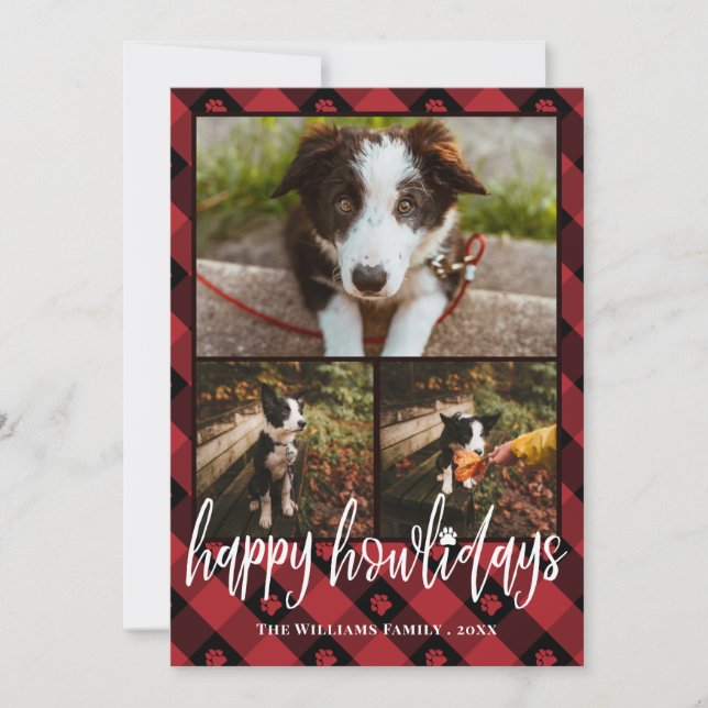 Red Plaid Happy Howlidays Dog Photo Collage Holiday Card (Front)