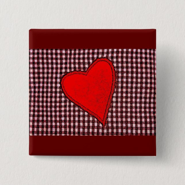 Red Plaid Heart 15 Cm Square Badge (Front)
