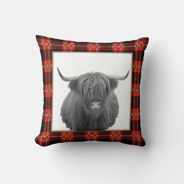 Red Plaid Highland Cow Cabin Mountain Lodge  Cushion (Front)