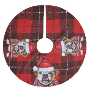 Red Plaid Holiday Bulldog Christmas Brushed Polyester Tree Skirt