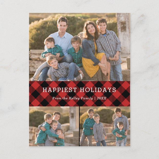 Red Plaid Holiday Three Photo Christmas Postcard (Front)