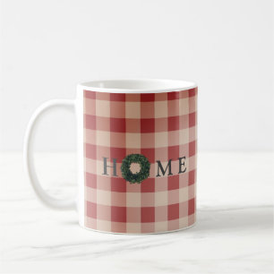 Red Plaid “Home” Farmhouse Decor Country Boxwood Coffee Mug
