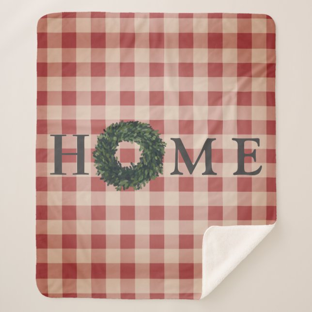 Red Plaid HOME Typography Farmhouse Stylish Trendy Sherpa Blanket (Front)