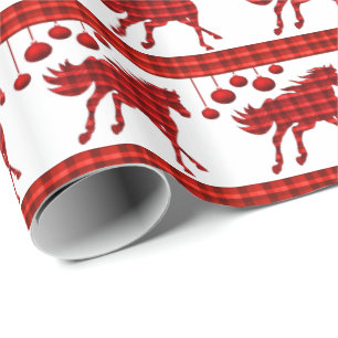 Red Plaid Horses and Ornaments Wrapping Paper