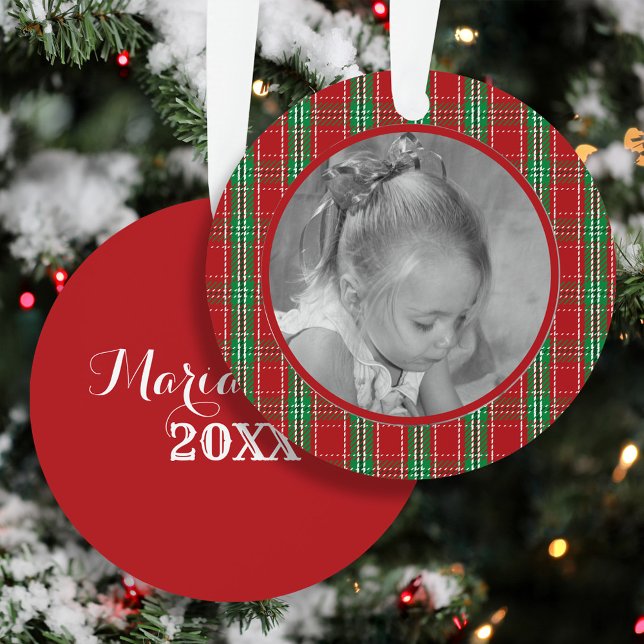 Red Plaid Kids Photo Personalised Christmas Metal Tree Decoration (Red plaid Christmas ornament with child photo, custom name, and year keepsake.)