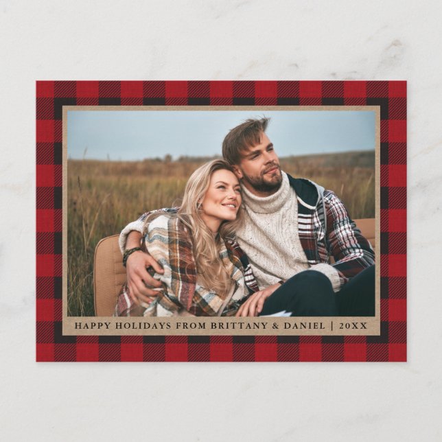 Red Plaid Kraft Couple Photo Happy Holidays Postcard (Front)