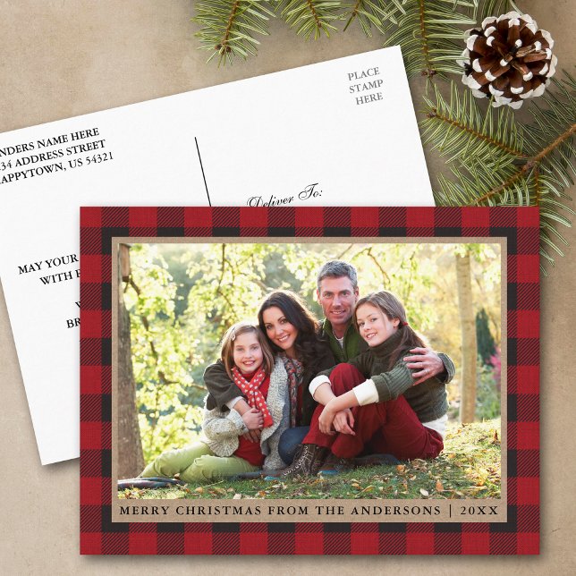 Red Plaid Kraft Family Photo Merry Christmas Postcard (Customize to change text size or text style.)