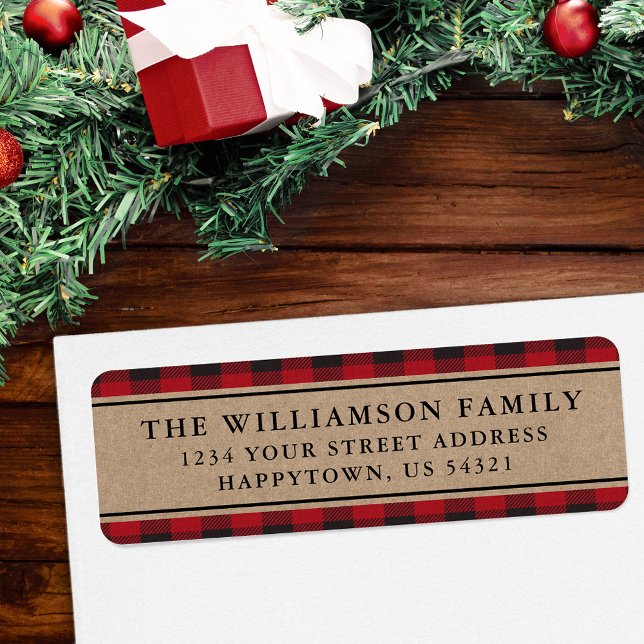 Red Plaid Kraft Holiday Return Address Labels (Customize to change text size or text style.)
