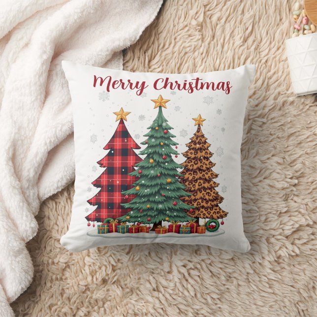 red plaid & leopard merry christmas tree cushion (Creator Uploaded)
