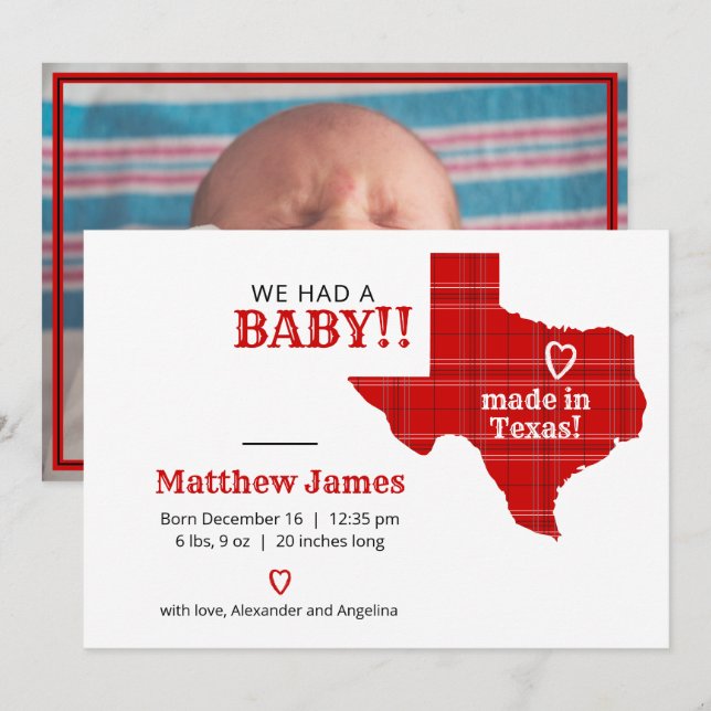 Red Plaid Made In Texas Horizontal Photo Announcement (Front/Back)