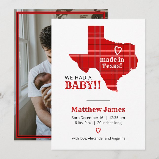 Red Plaid Made In Texas Vertical Photo Announcement (Front/Back)