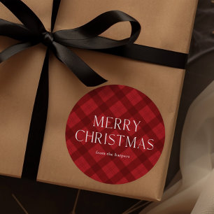 Red Plaid Merry Christmas  Classic Round Sticker