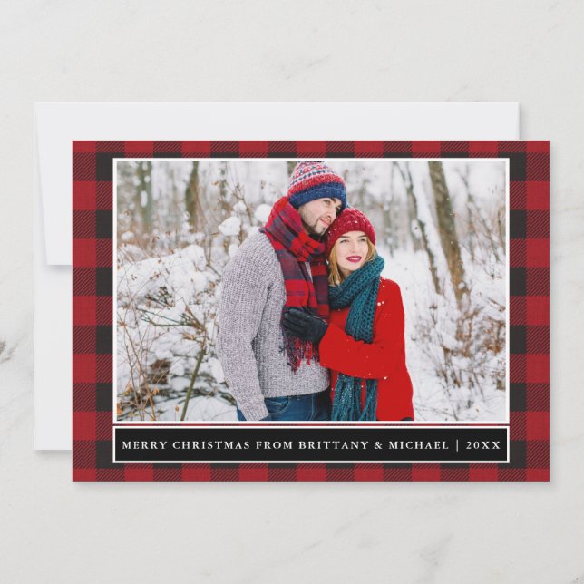 Red Plaid Merry Christmas Couple Photo Holiday Card (Front)
