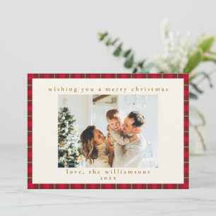 Red Plaid Merry Christmas Family Photo Gold Holiday Card