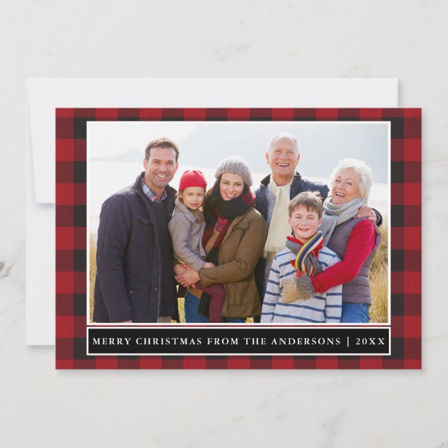 Red Plaid Merry Christmas Family Photo Holiday Card (Front)