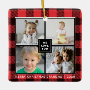 Red Plaid Merry Christmas Grandma Photo Collage Ceramic Ornament