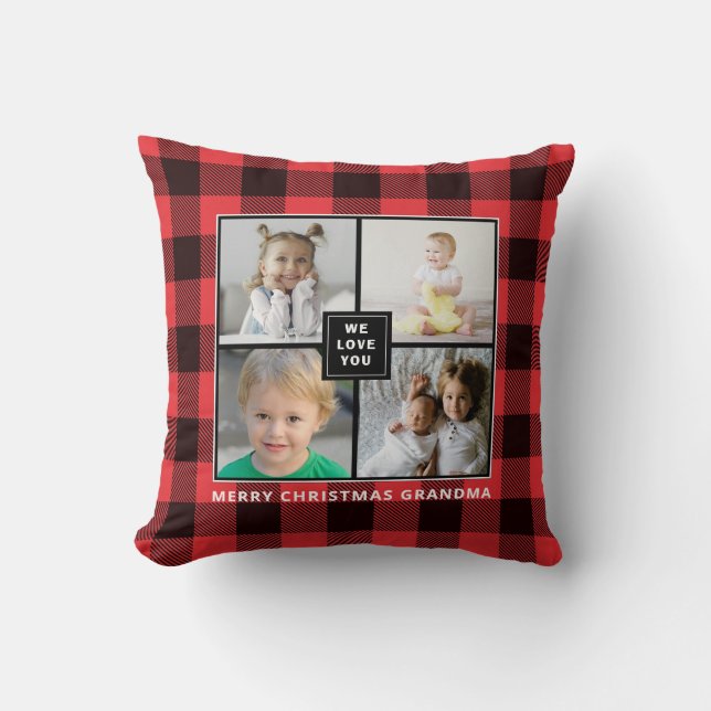 Red Plaid |Merry Christmas Grandma |Photo Collage Cushion (Front)