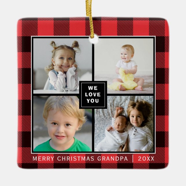 Red Plaid|Merry Christmas Grandpa|Photo Collage Ceramic Ornament (Front)