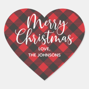 Red Plaid Merry Christmas Heart Sticker