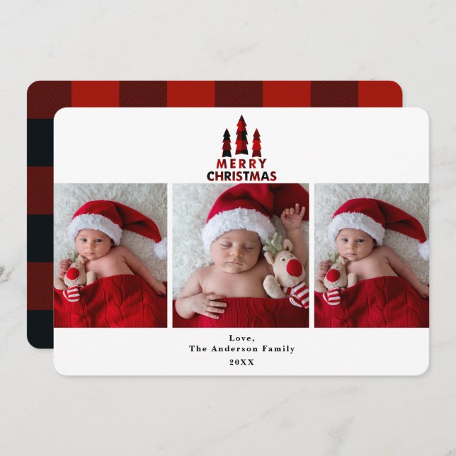 Red Plaid Merry Christmas Holiday 3 Photos Photo Invitation (Front/Back)