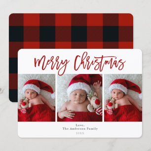 Red Plaid Merry Christmas Holiday 3 Photos Photo Invitation
