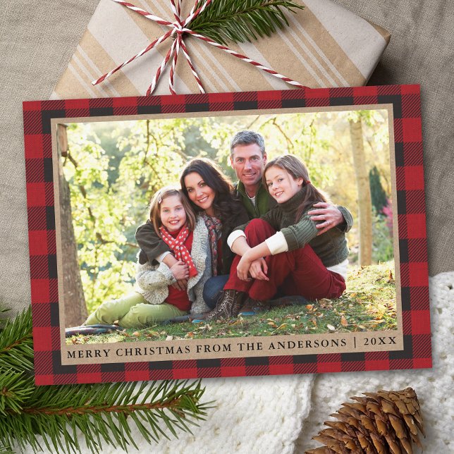 Red Plaid Merry Christmas Kraft Family Photo Holiday Card (Customize text size or text style.)
