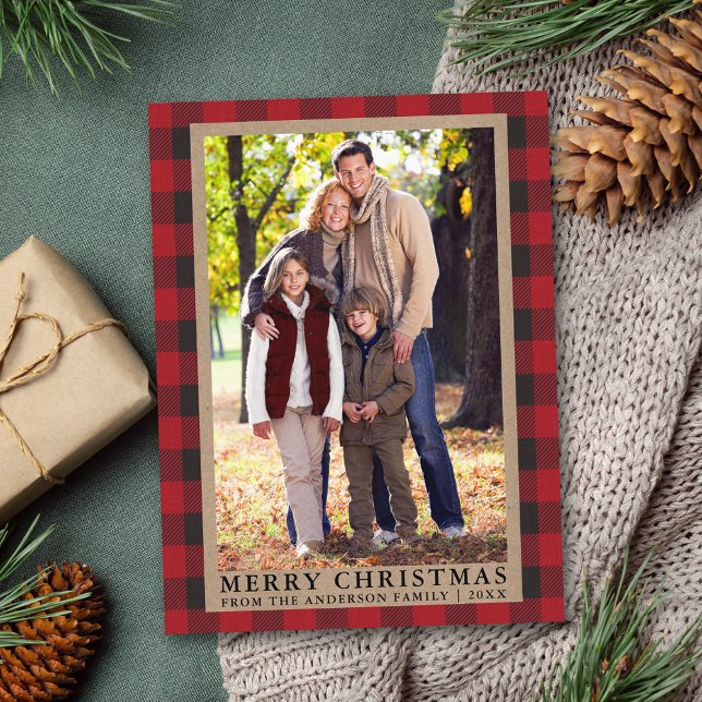 Red Plaid Merry Christmas Kraft Family Photo  Postcard (Customize to change text size or text style.)
