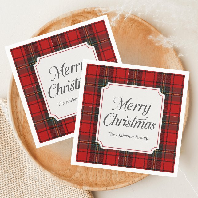 Red Plaid Merry Christmas Napkin (Red Plaid Modern Merry Christmas Holiday Napkin)