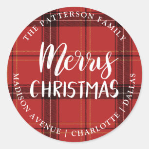 Red Plaid   Merry Christmas   Return Address Classic Round Sticker