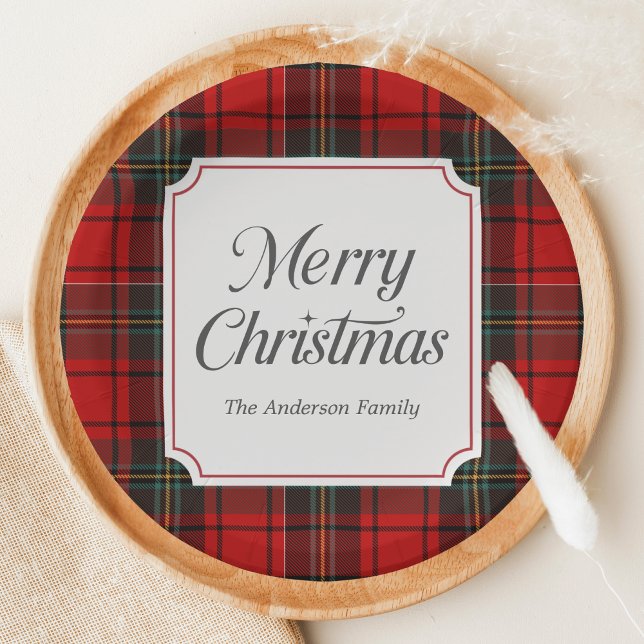 Red Plaid Merry Christmas Round Paper Plate (Red Plaid Modern Merry Christmas Holiday Paper Plate)
